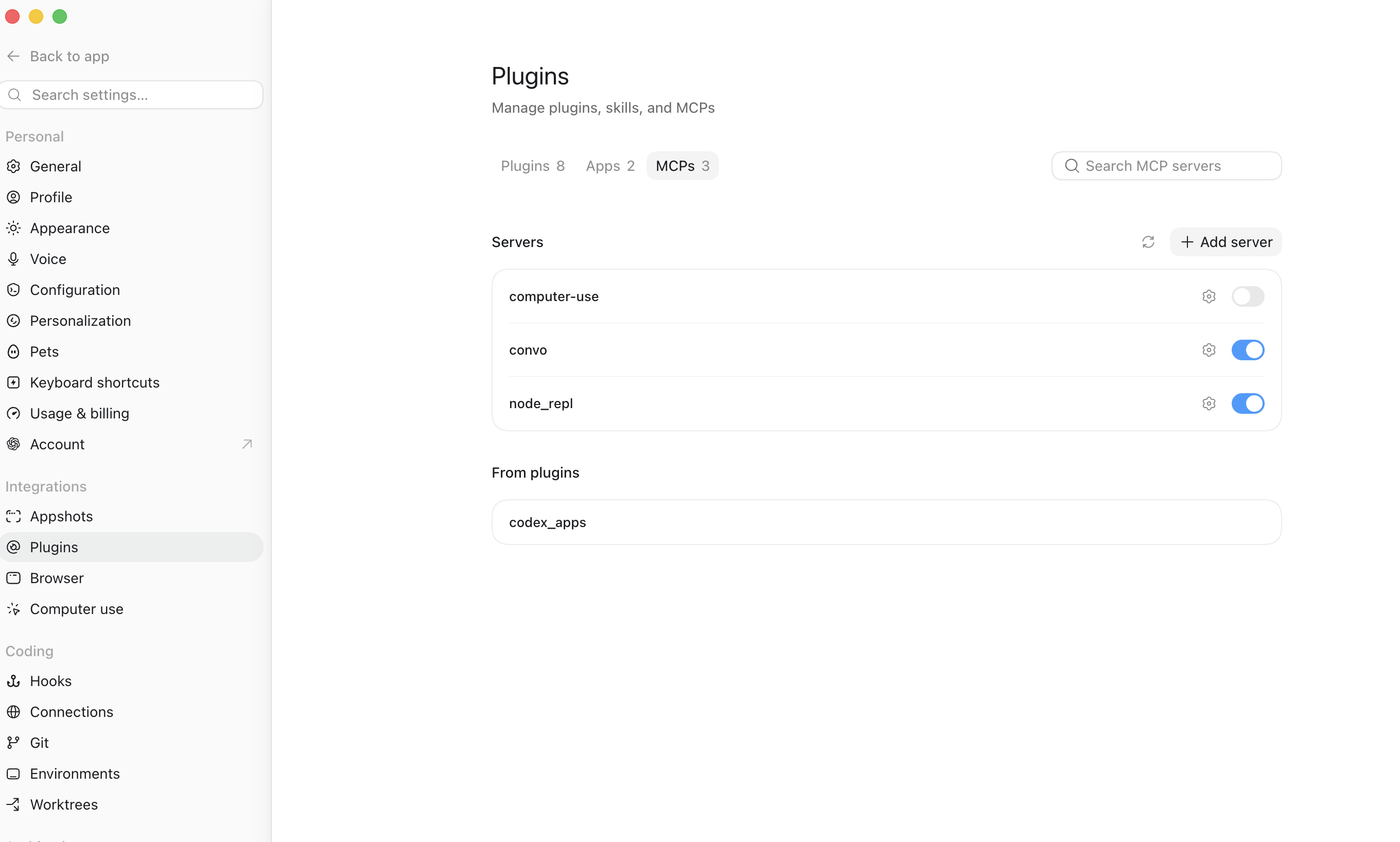 ChatGPT：設定 → Plugins → MCPs → Add server